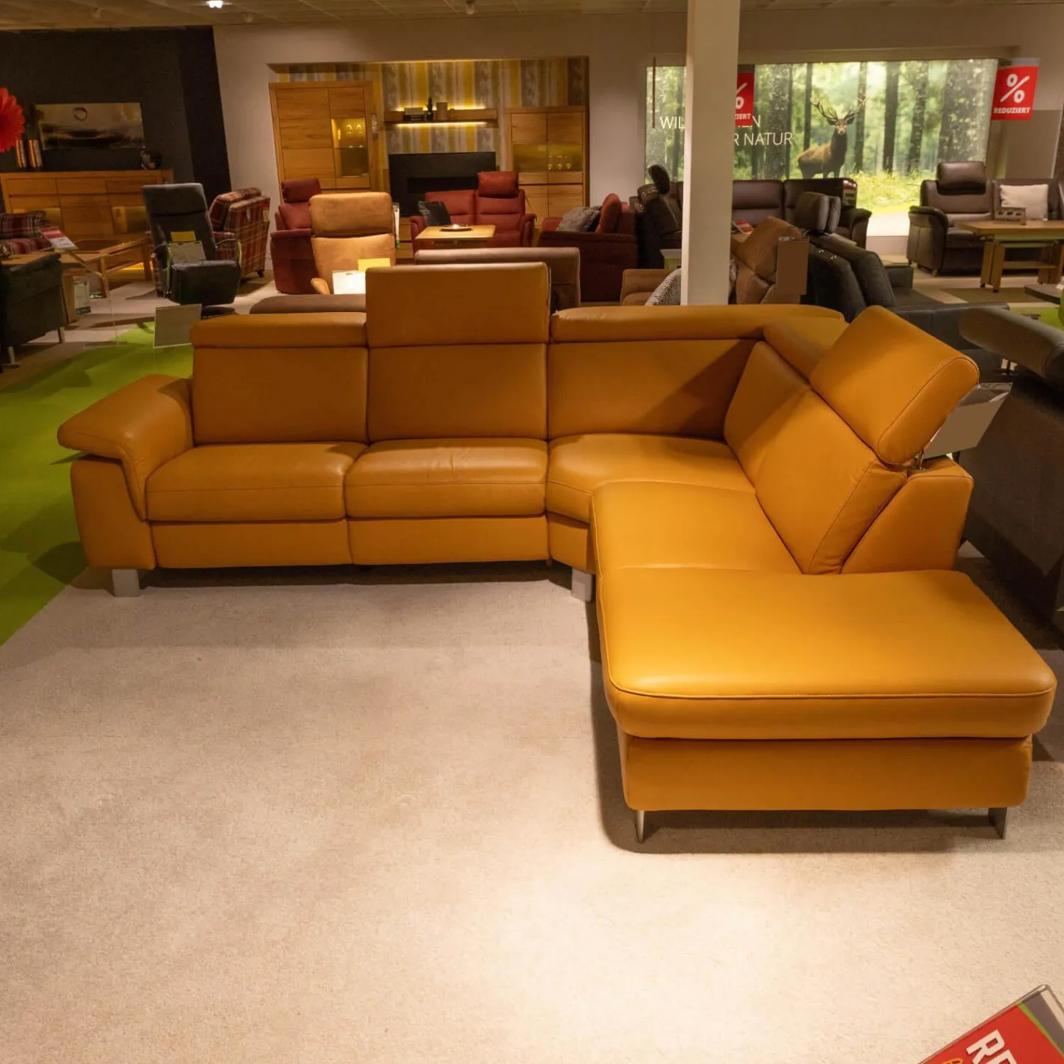 Steinpol Ecksofas|Funktionseckgarnitur Relaxa 6 0 Leder Punch Curry Gelb Metallwinkelfuß Aluminium Gebürstet