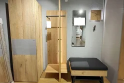 Hartmann Garderoben|Garderobe 6004 Kerneiche Massiv Natur Gebürstet Braun Riffholzapplikationen Absatz Naturgraues Mattglas Sitzbank Stoff 30/97