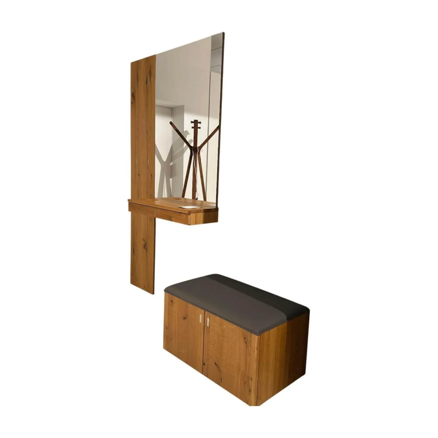 Team 7 Garderoben|Garderobe Cubus Eiche Wild Naturöl Sitzauflage Leder Mittelgrau