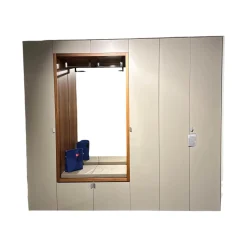 Hülsta Garderoben|Garderobe Multi Forma Lack Seidengrau Akzent Kernnussbaum Sitzpolster Kunstleder S453 Taupe Beige