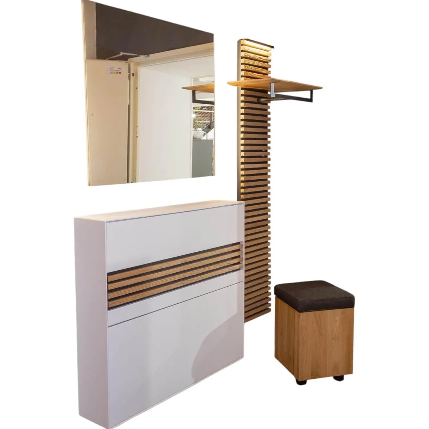 Schöner Wohnen-Kollektion Garderoben|Garderobe Yonna Lack Weiß Holzlamellen Natur Gebürstet Stoff 97 Anthrazit Mit Beleuchtung