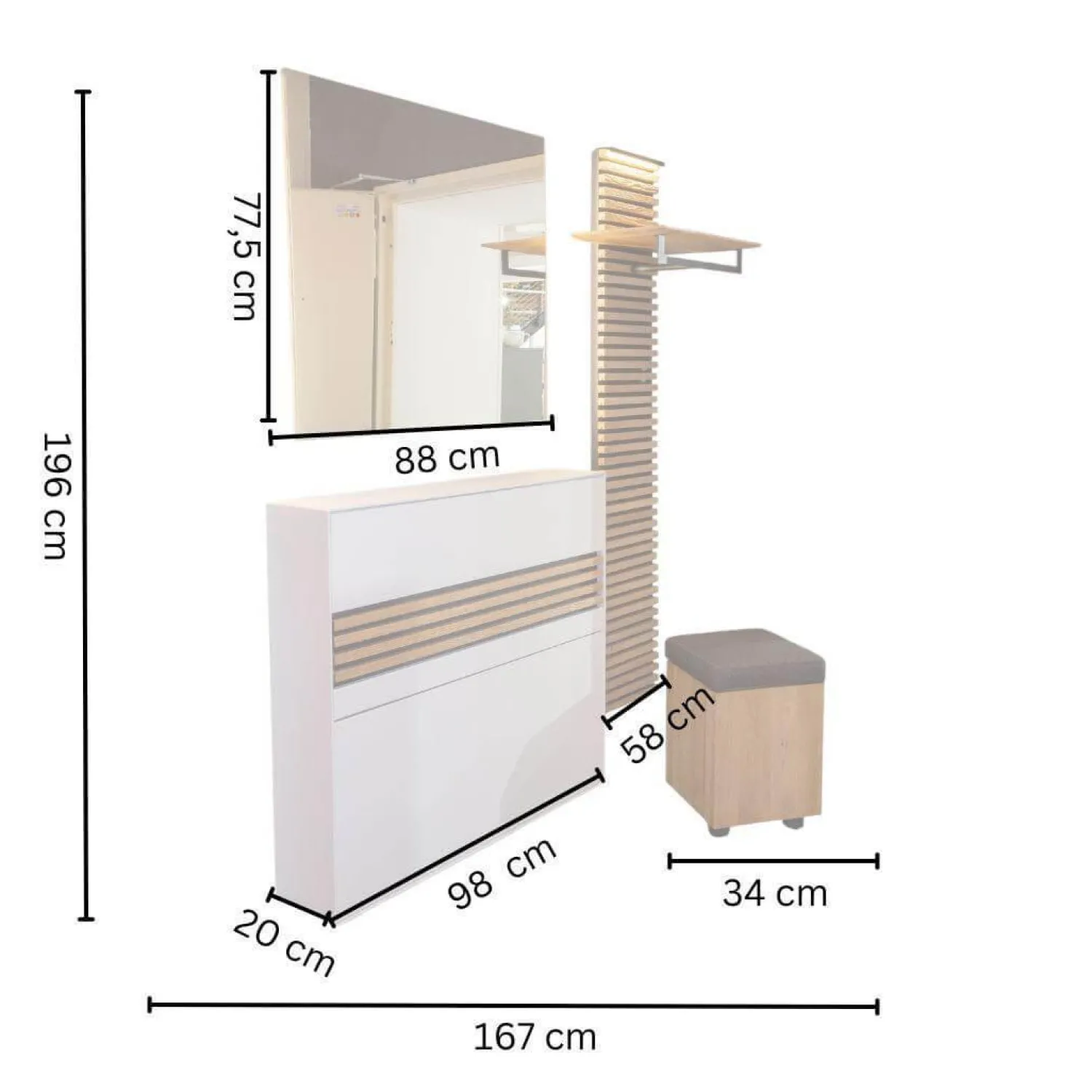 Schöner Wohnen-Kollektion Garderoben|Garderobe Yonna Lack Weiß Holzlamellen Natur Gebürstet Stoff 97 Anthrazit Mit Beleuchtung