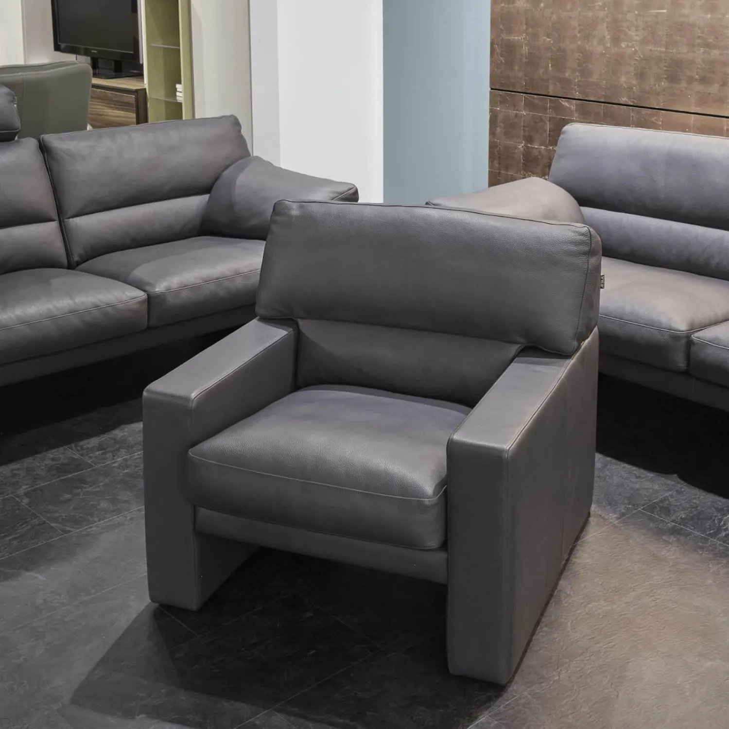 Erpo Polstergruppen|Garnitur Einzelsofa GA210 Mit Sessel GA200 Bezug Leder 43.059 Grau Inklusive Kopfstütze