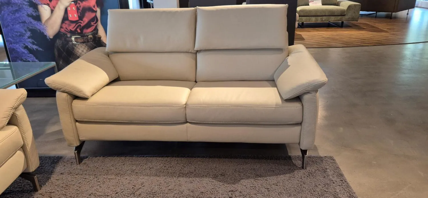 Polsteria Polstergruppen|Garnitur Trevi Leder Punch Seidengrau mit Kopfteilverstellung 2 Sofas