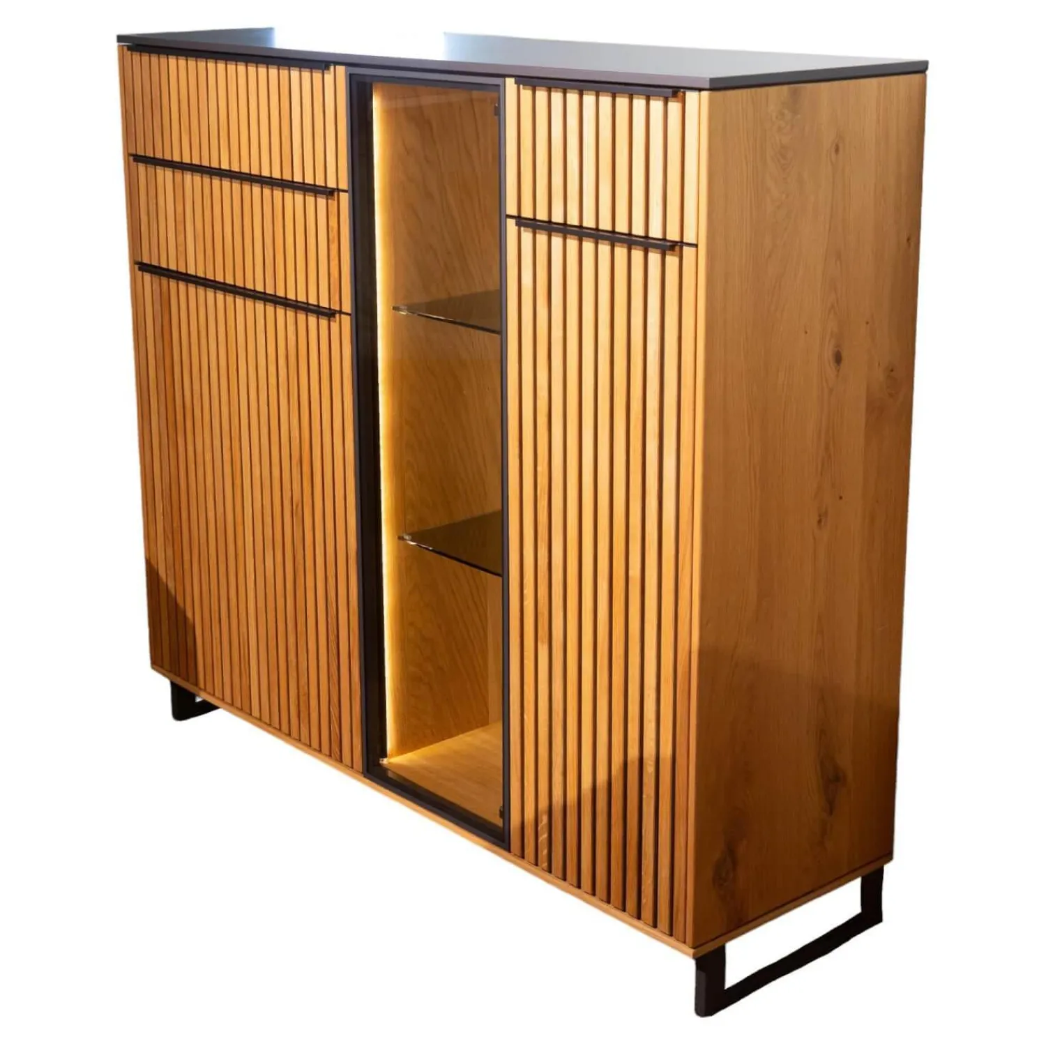 Raum.Freunde Vitrinen & Highboards|Highboard CRF Stav Asteiche Hell Massiv Geölt Metallkufen Alugriffleisten Schieferschwarz Mit Beleuchtung