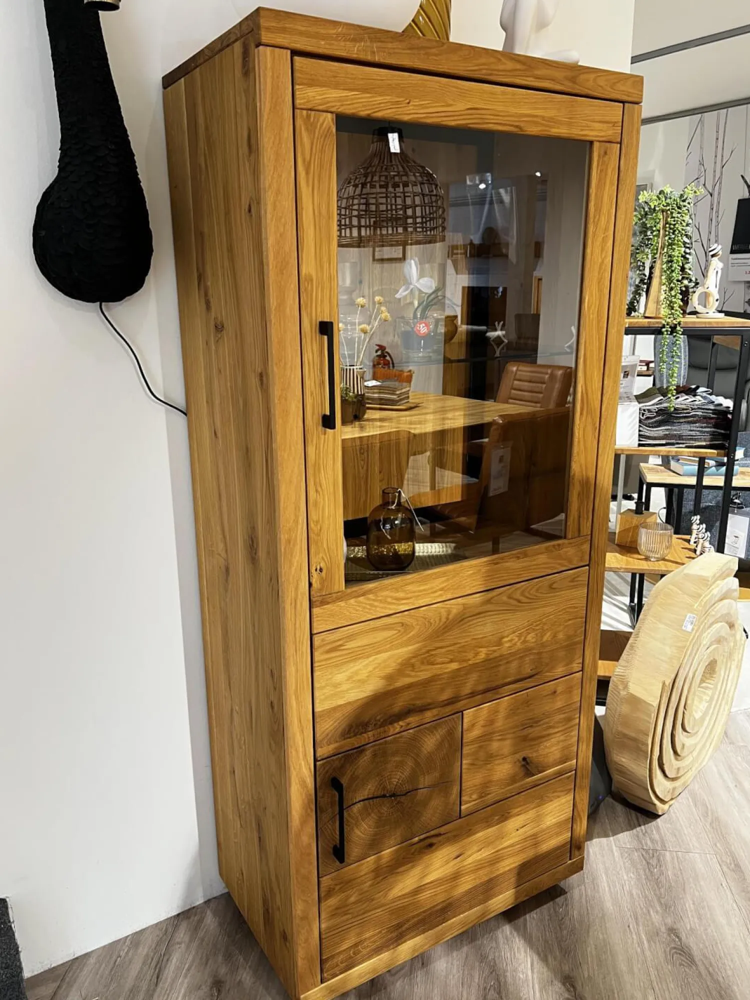 Natura Vitrinen & Highboards|Highboard Hartford Eiche Natur Geölt Rückwand Massiv Sandgestrahlt Mit Hirnholz Inklusive Beleuchtung