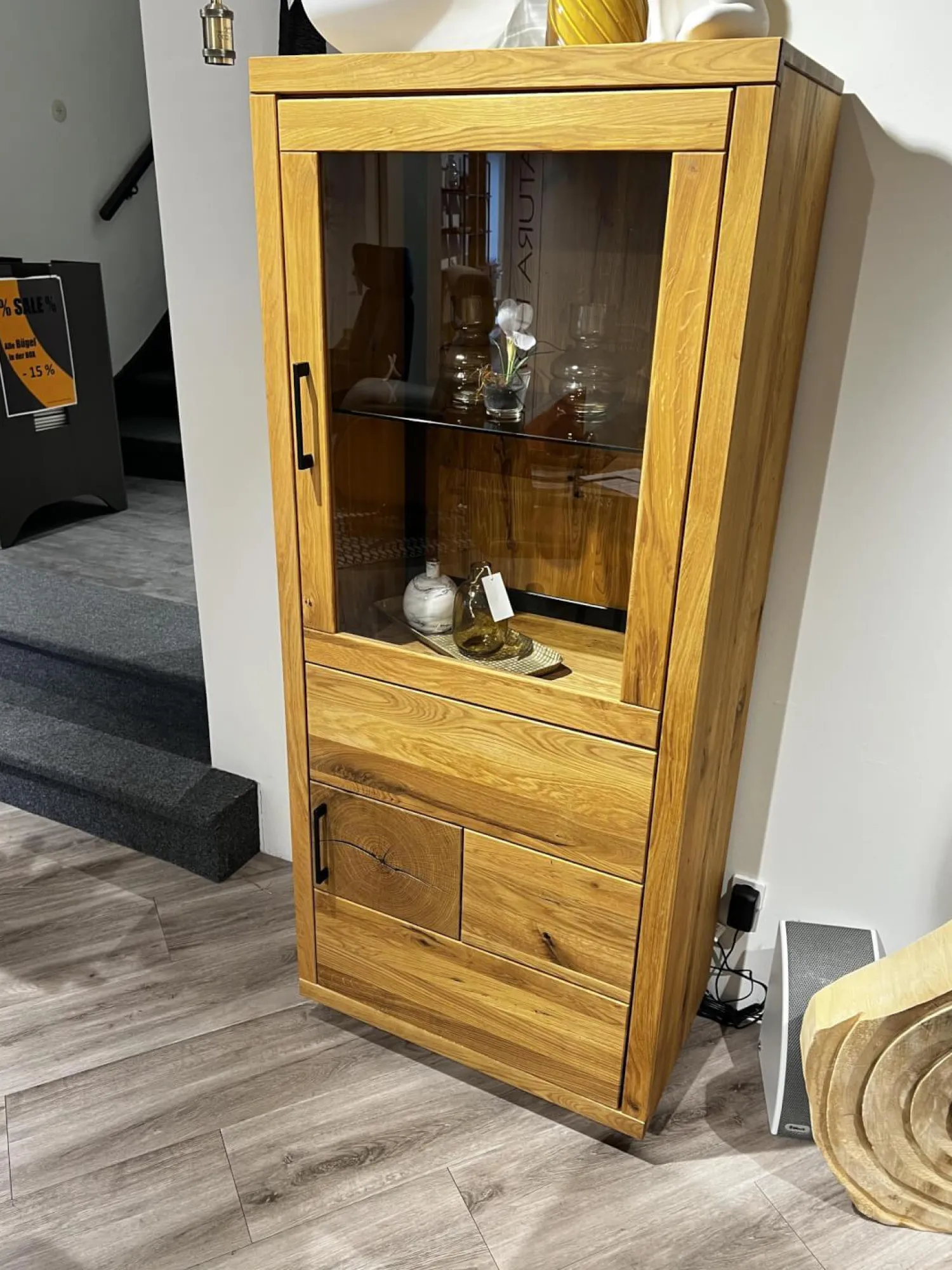 Natura Vitrinen & Highboards|Highboard Hartford Eiche Natur Geölt Rückwand Massiv Sandgestrahlt Mit Hirnholz Inklusive Beleuchtung