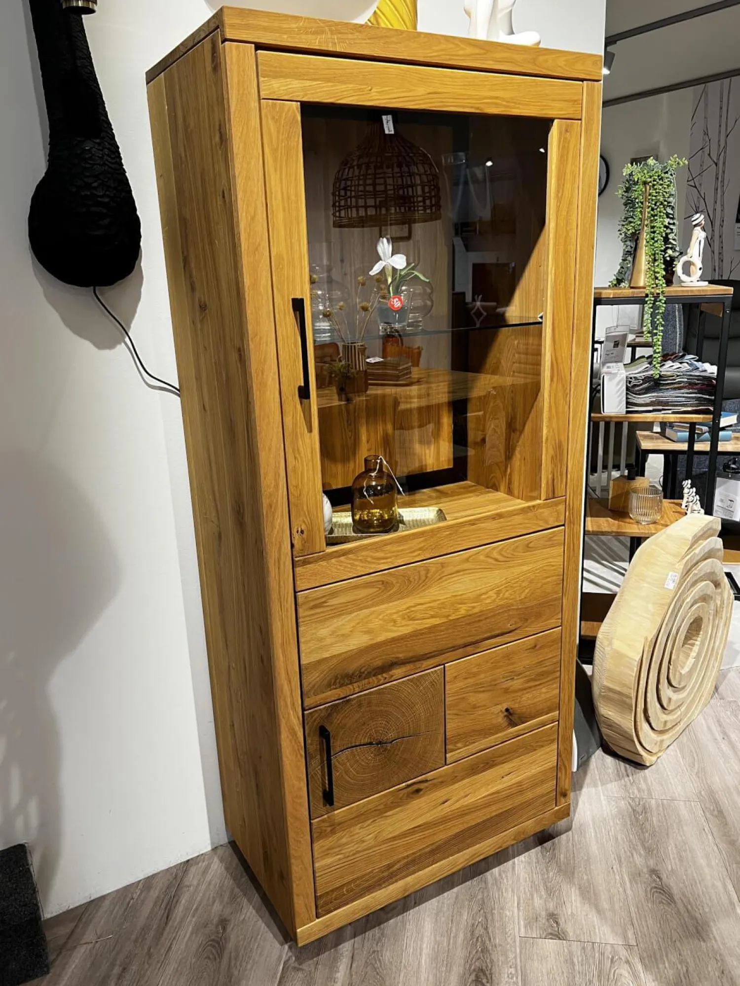 Natura Vitrinen & Highboards|Highboard Hartford Eiche Natur Geölt Rückwand Massiv Sandgestrahlt Mit Hirnholz Inklusive Beleuchtung