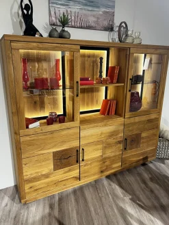 Natura Vitrinen & Highboards|Highboard Hartford Eiche Natur Geölt Rückwand Massiv Sandgestrahlt Inklusive Beleuchtung