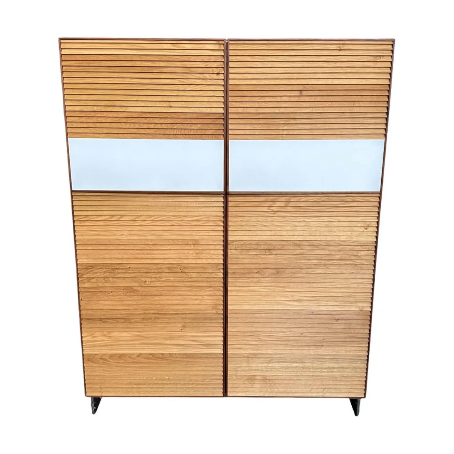 Scholtissek Vitrinen & Highboards|Highboard Schrank Tratum Klein Knorrige Eiche Natur Geölt Glas 9010 Weiß Matt Mit Lamellenfronten