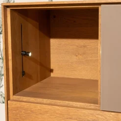 Anrei Vitrinen & Highboards|Highboard Set Puro Syle 460 Asteiche Gebürstet Barrique Geölt Farbglas Steingrau Sockel Metallrahmen Schwarz Inklusive LED Beleuchtung Ohne Links Highboard