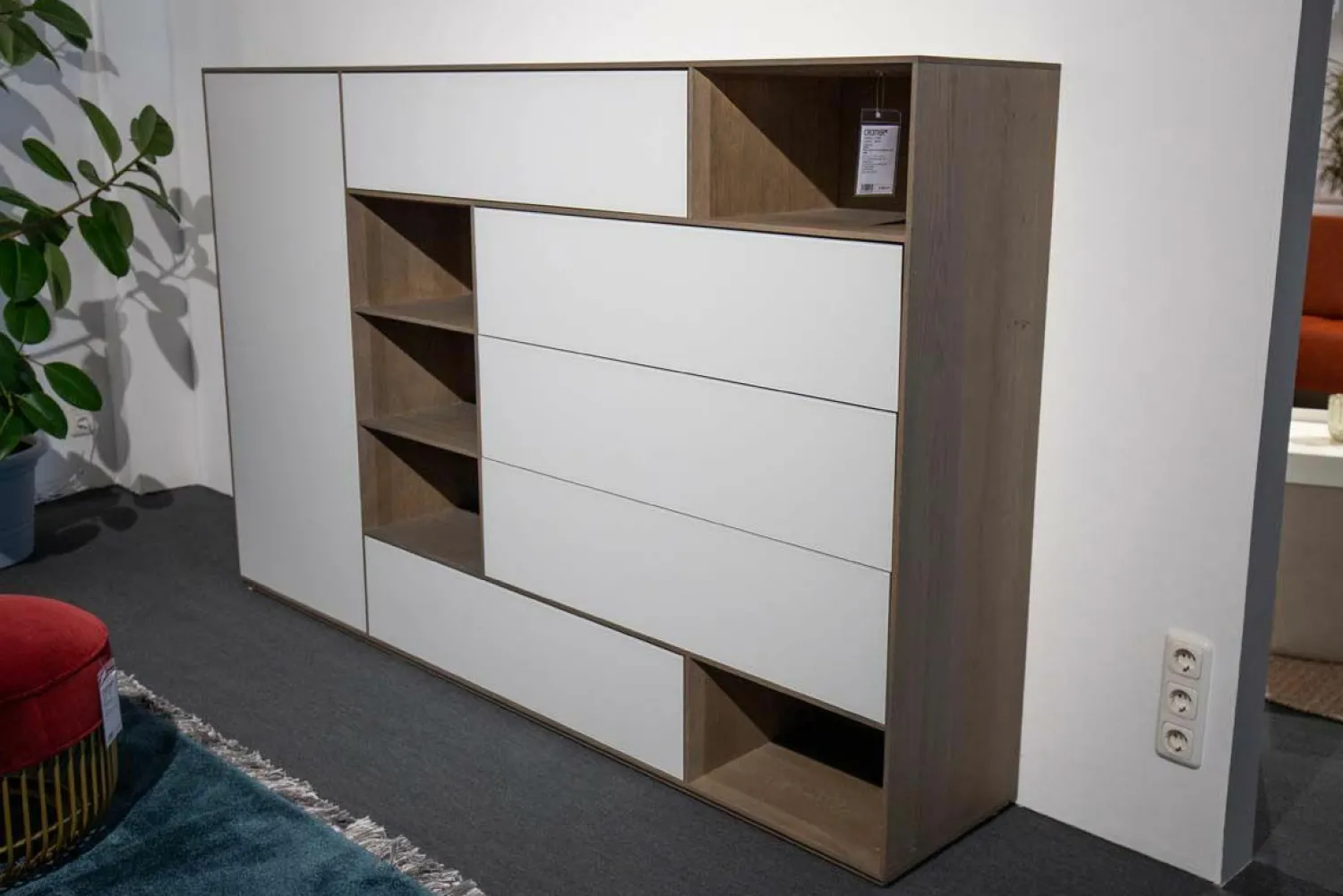 Rodam Vitrinen & Highboards|Highboard Sigma Eiche Massiv Schiefergrau Front Glas Weiß