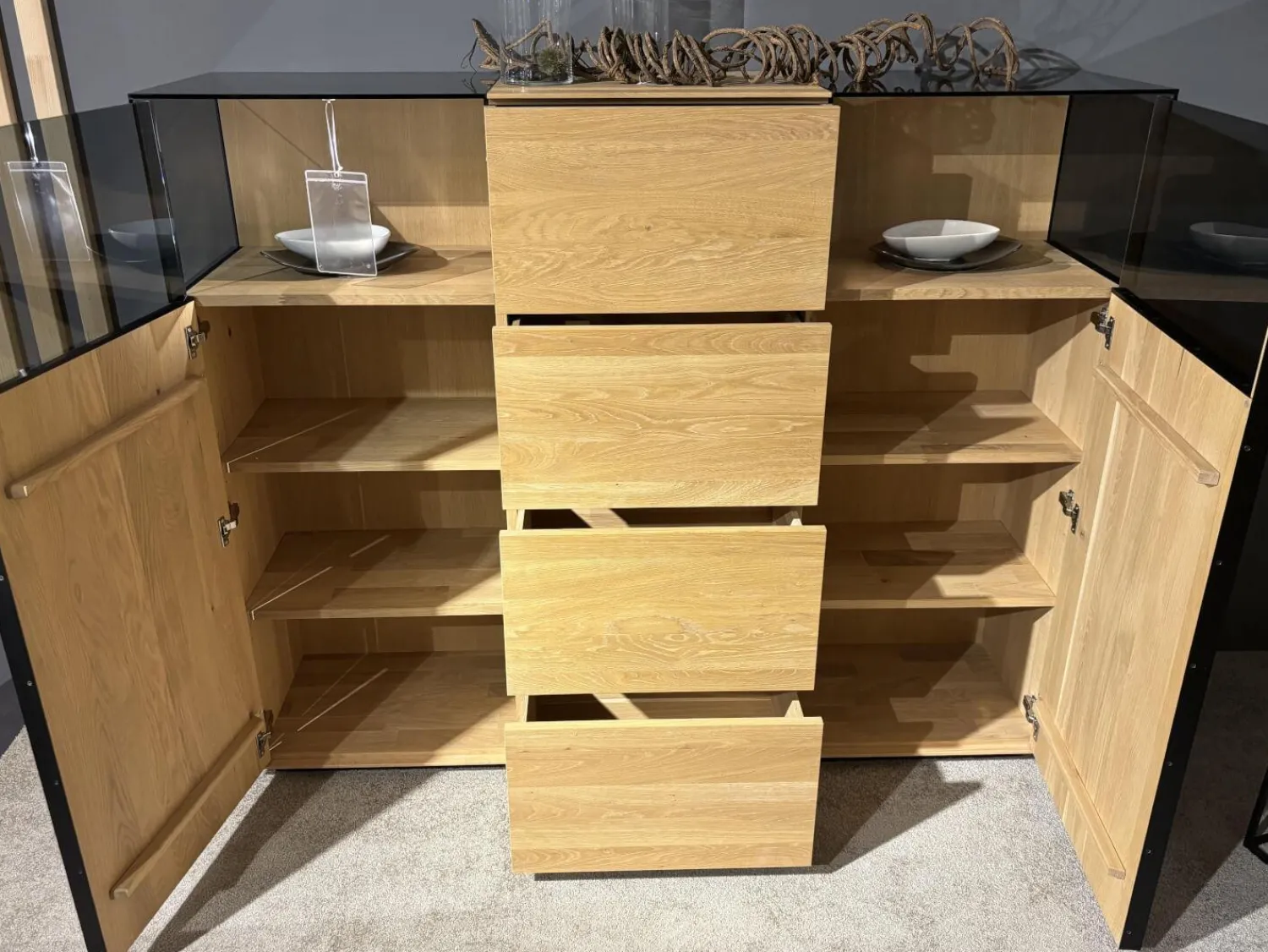 Wimmer Vitrinen & Highboards|Highboard Terso Rustikale Asteiche Bianco Massiv Geölt Glas Dunkel Mit LED Beleuchtung