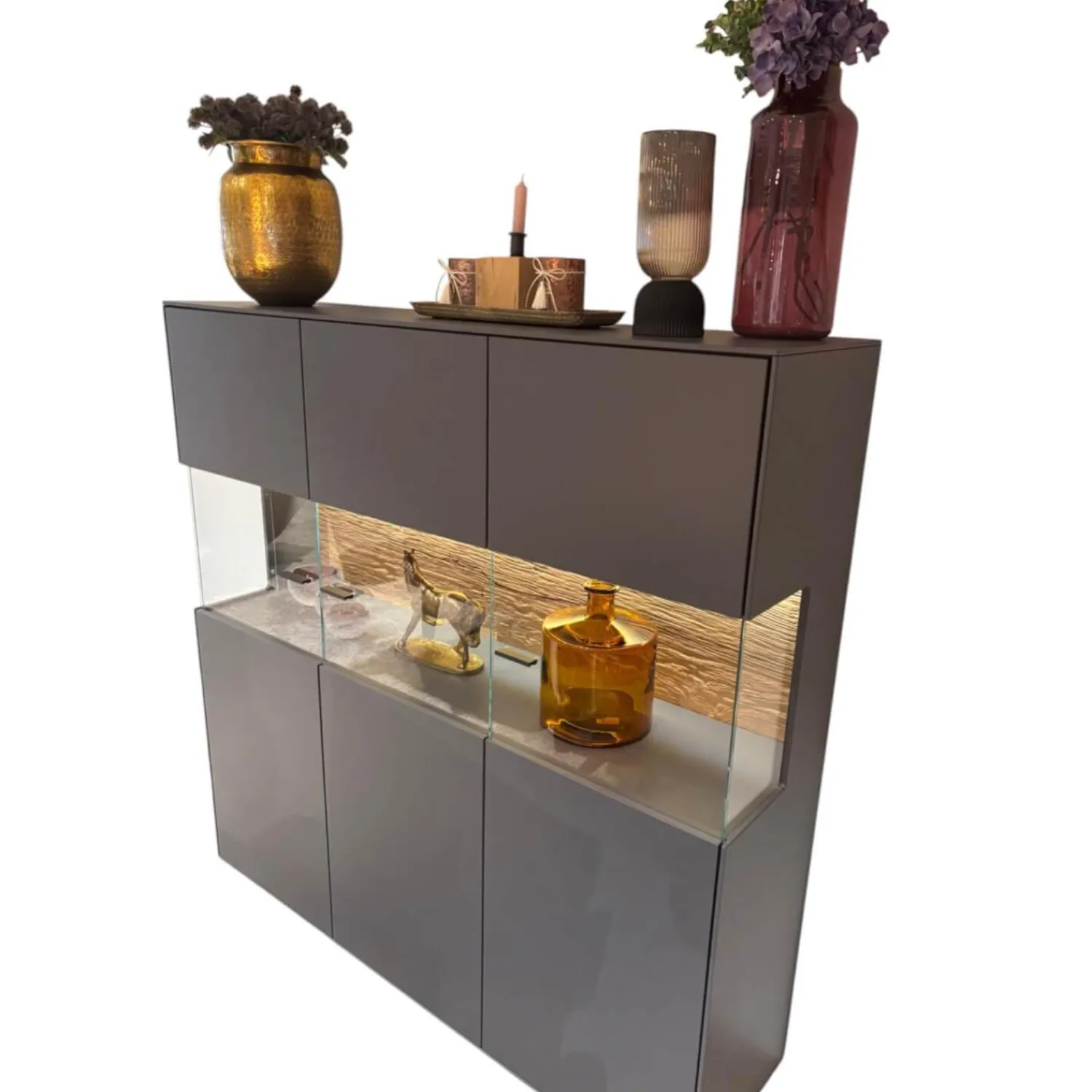 Natura Vitrinen & Highboards|Highboard Tucson Lack Graphitgrau Verglast Akzent Wildeiche Mit Beleuchtung Inklusive Schalter