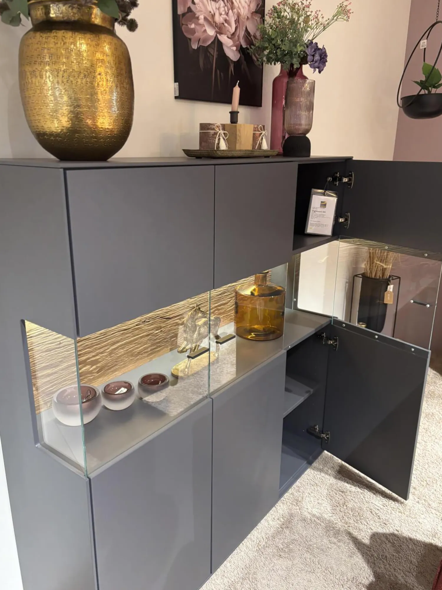 Natura Vitrinen & Highboards|Highboard Tucson Lack Graphitgrau Verglast Akzent Wildeiche Mit Beleuchtung Inklusive Schalter