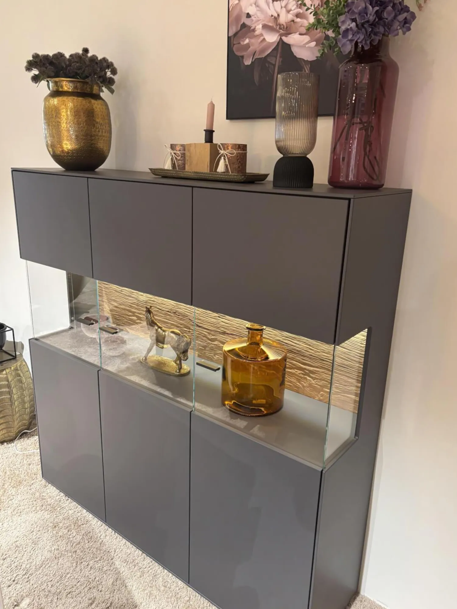 Natura Vitrinen & Highboards|Highboard Tucson Lack Graphitgrau Verglast Akzent Wildeiche Mit Beleuchtung Inklusive Schalter