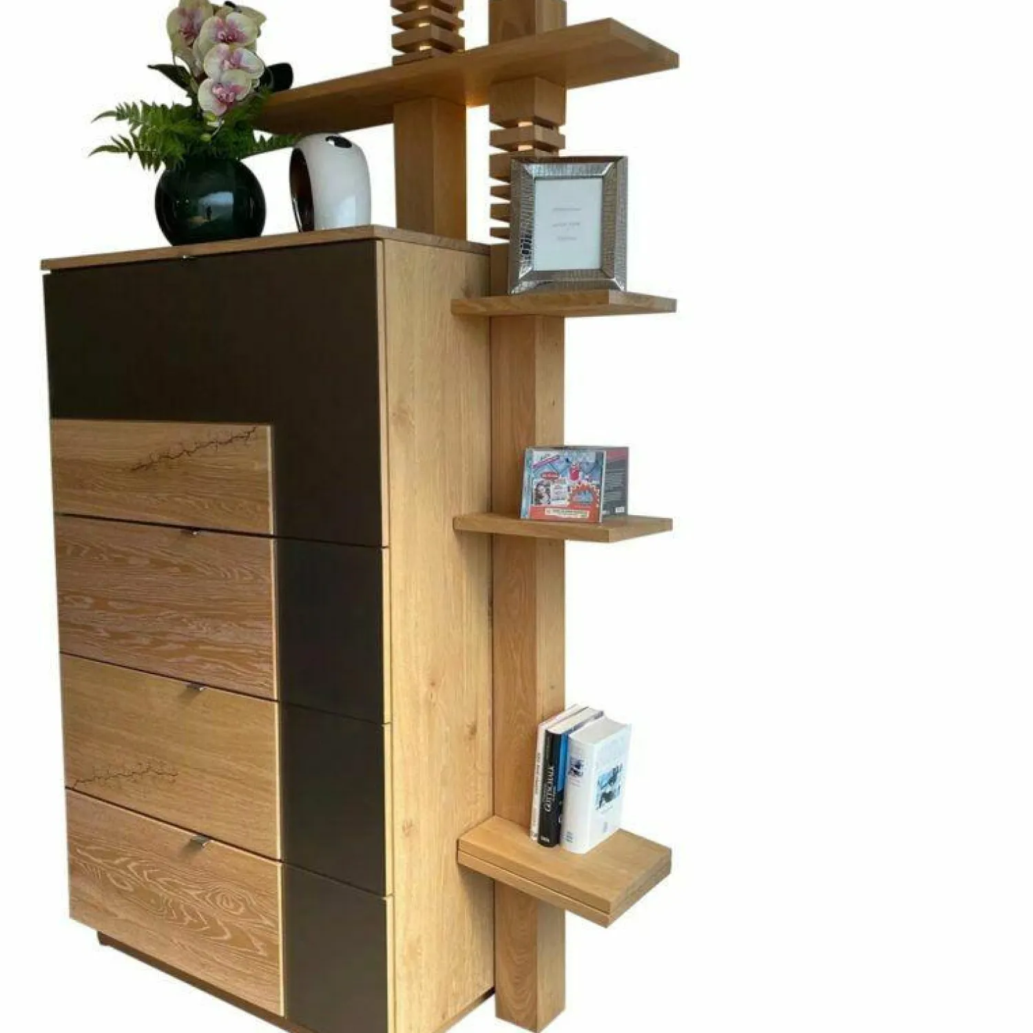 Wimmer Vitrinen & Highboards|Highboard Waltrop Rustikale Asteiche Bianco Absetzung Glas Matt Bronze Mit Beleuchtung