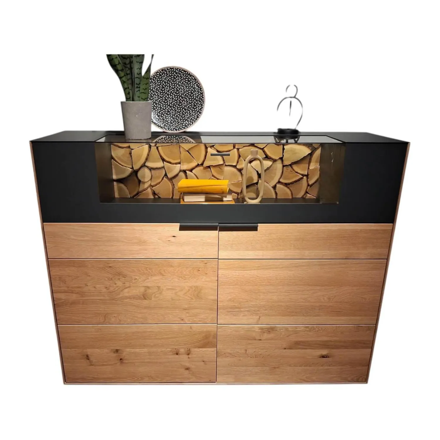 Wöstmann Vitrinen & Highboards|Highboard WM 2140 Wildeiche Massiv Soft Gebürstet Metallteile Carbonfarbig Strukturgepulvert Anthrazit