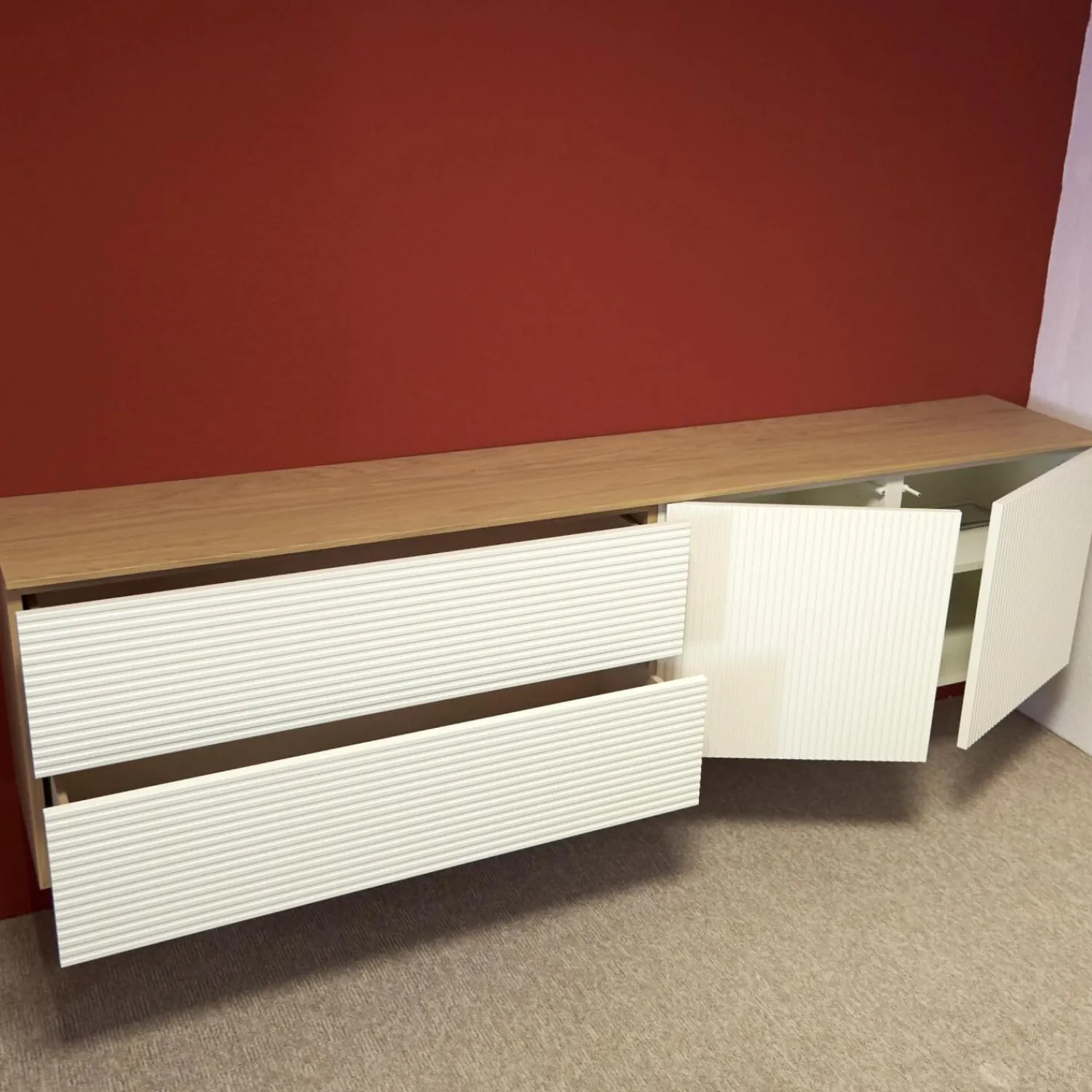 Sudbrock Kommoden & Sideboards|Hänge-Sideboard Cubo Korpus 420 Glattlack Verkehrsweiß Abdeckplatte 127 Eiche Milk