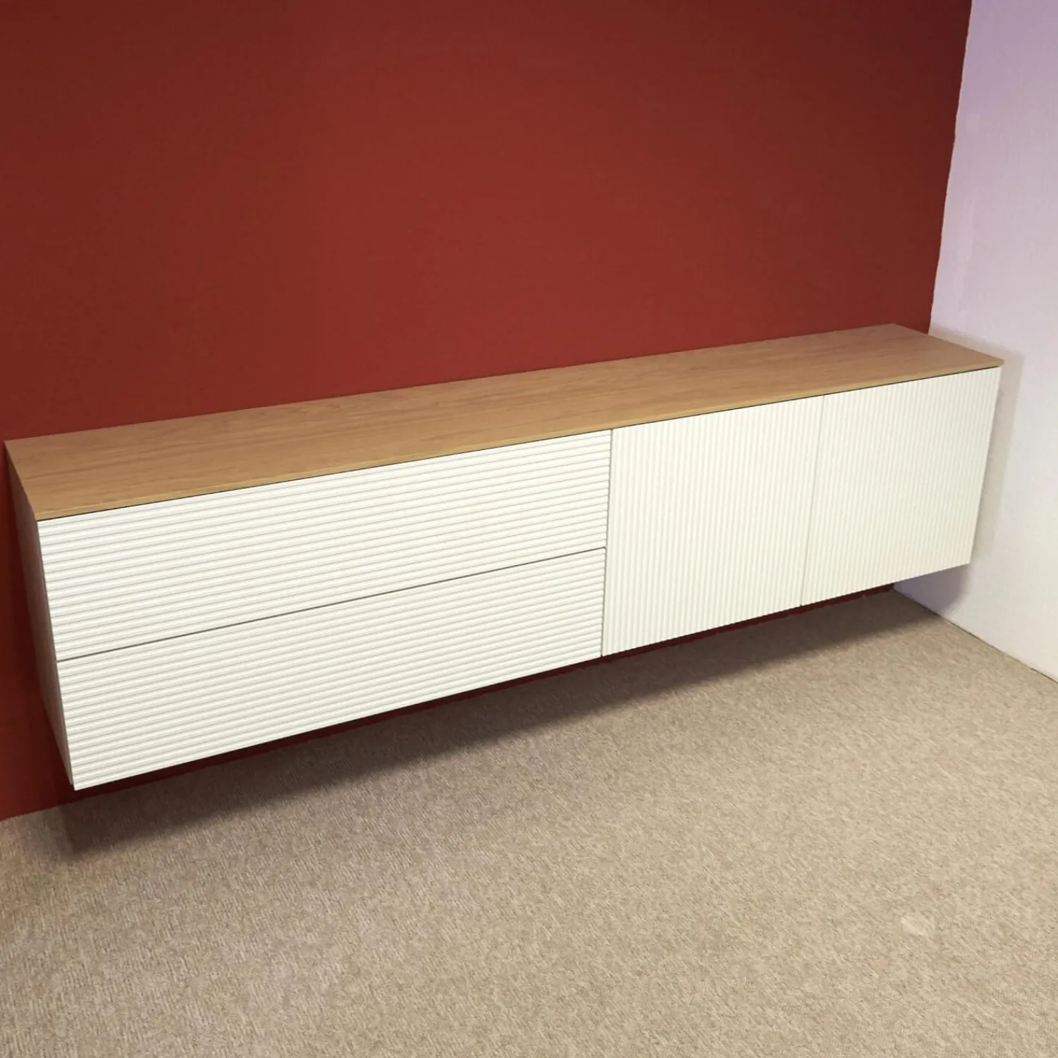 Sudbrock Kommoden & Sideboards|Hänge-Sideboard Cubo Korpus 420 Glattlack Verkehrsweiß Abdeckplatte 127 Eiche Milk
