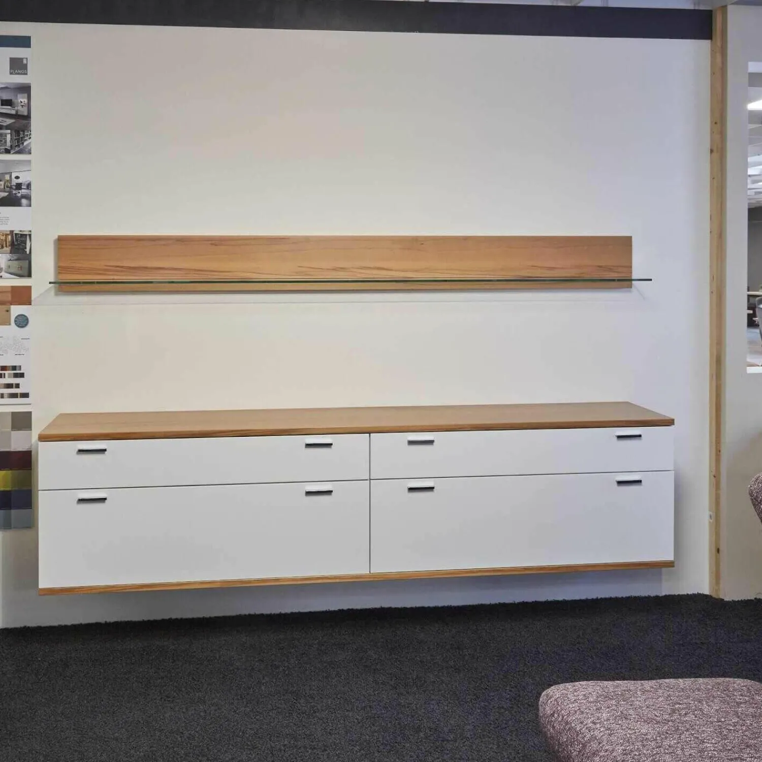 Planos Kommoden & Sideboards|Hängesideboard Lack Weiß Kernbuche Mit Wandboard Chrom Glänzend