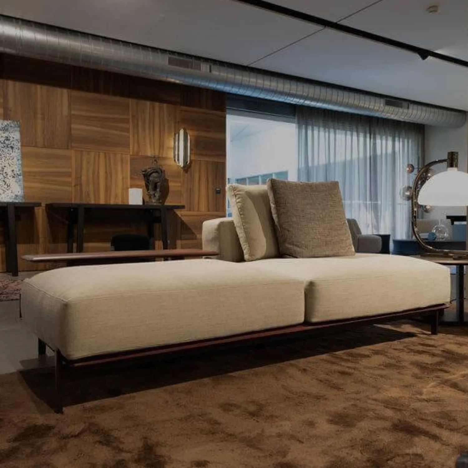 Poliform Daybeds & Recamieren|Inselelement Brera Stoff Kiala Champagne Beige Kernleder Castagna Braun Basis Nickel Matt Brown Braun Mit Kissen