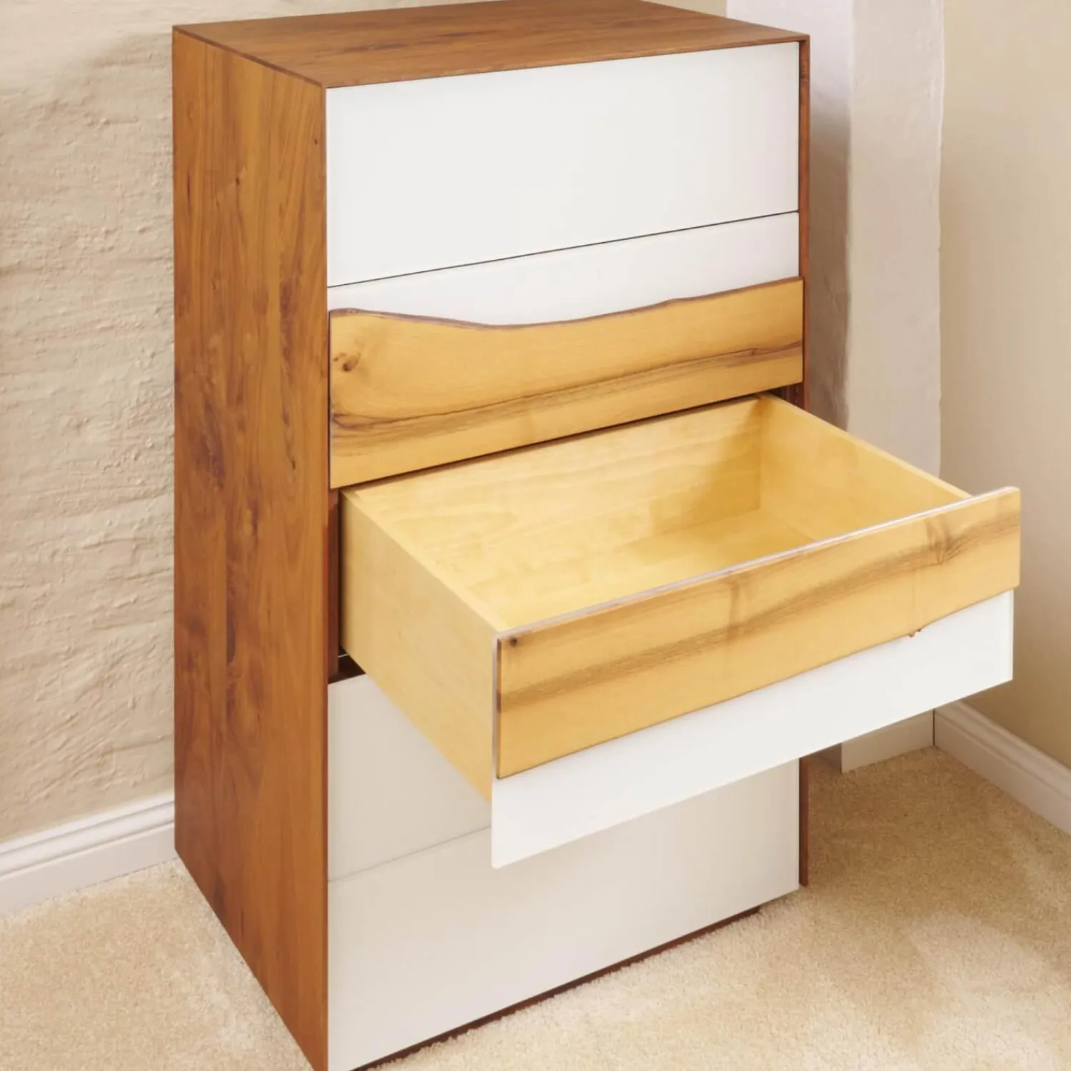 Scholtissek Kommoden & Sideboards|Kommode Farn Mit Baumkante Korpus Massiv Nussbaum Glasfront Optiwhite RAL 9010 Matt