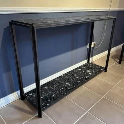 Bielefelder Werkstätten Konsolen|Konsole Hudson Platten Marmor Terrazzo Porto Schwarz Untergestell Bronze Matt