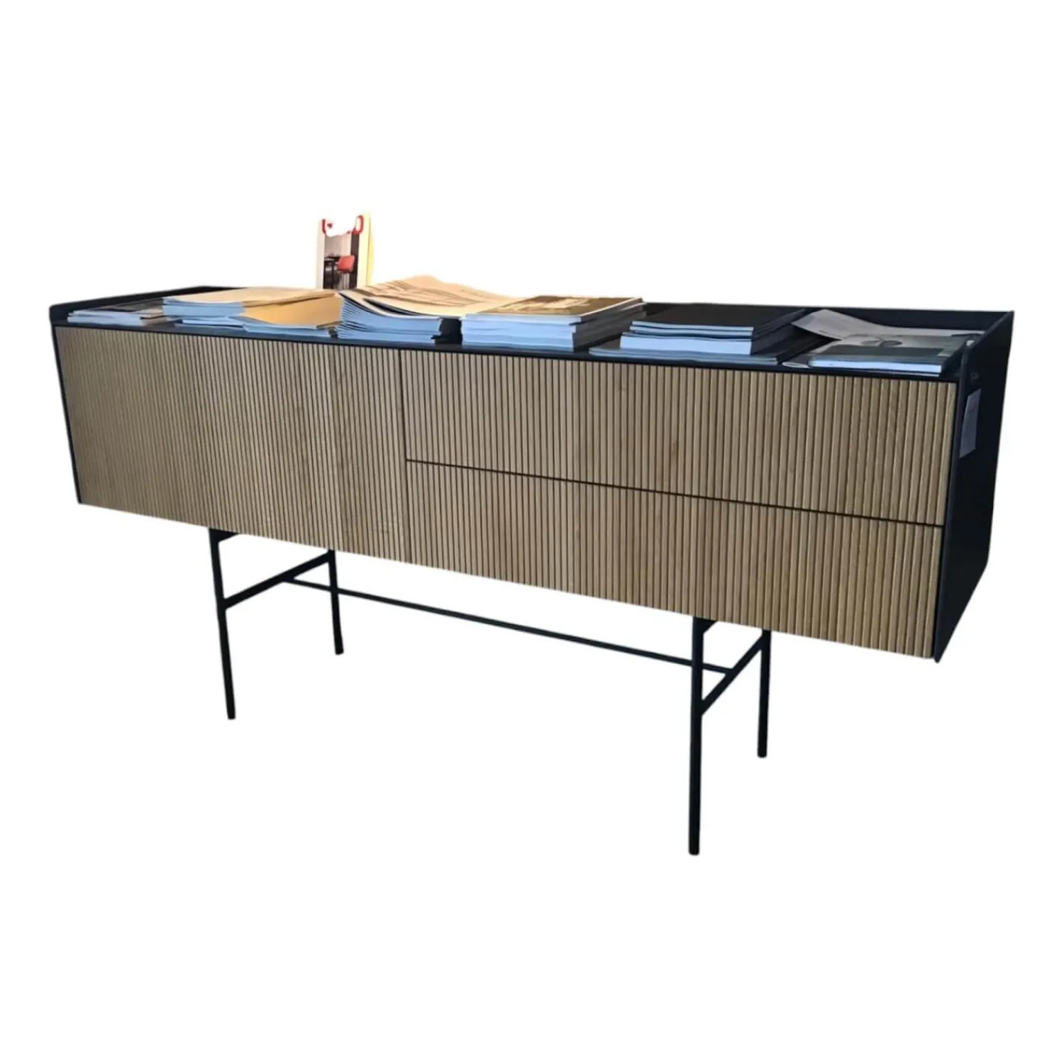 Haas Konsolen|Konsole Sino Front Eiche Rillenoptik Gestell Rundrohr Schwarz Lackiert Abdeckplatte Keramik Marquina Schwarz