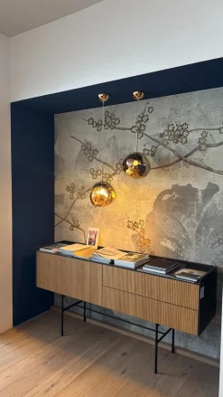 Haas Konsolen|Konsole Sino Front Eiche Rillenoptik Gestell Rundrohr Schwarz Lackiert Abdeckplatte Keramik Marquina Schwarz