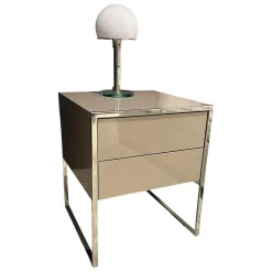 YOMEI Nachttische|Konsole Smart Nako Hochglanz Pantex Taupe Beige Inklusive 3-fach Steckdose Gestell Edelstahl Poliert