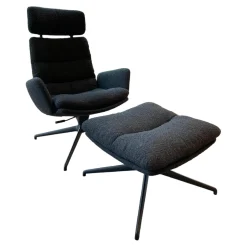 KFF Loungesessel|Lounge Sessel Arva Stoff Ascot Schwarz 2407 Sternfuß Struktur Schwarz Mit Wippmechanismus Inklusive Hocker