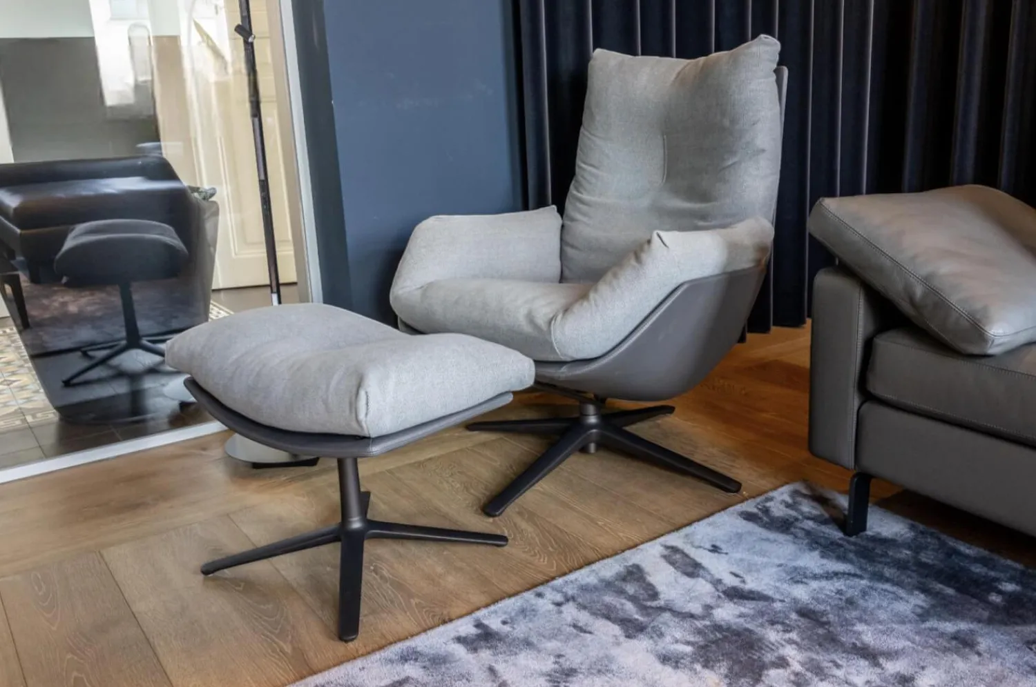 COR Relaxsessel|Loungesessel dia Stoff 9129 Stahl Grau Leder 171 Anthrazit Niedriger Rücken mit Hocker