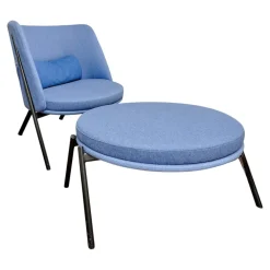 Tecta Loungesessel|Loungesessel DS70 Stoff Dama 75 Mittelblau Blau Gestell Schwarz Pulverbeschichtet Mit Kissen Und Hocker