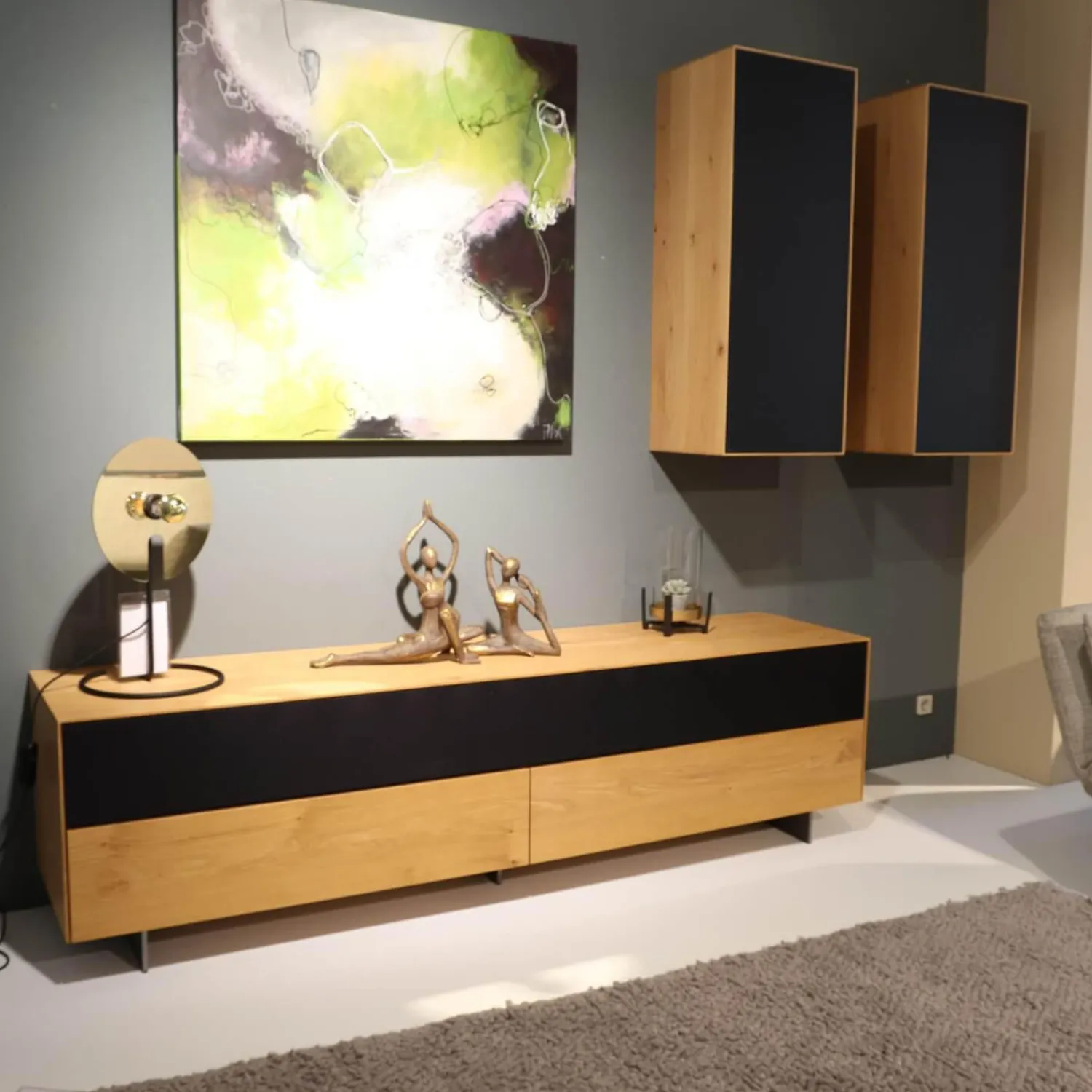 Scholtissek Wohnwände & Tv-Lowboards|Lowboard Farn Media Holz Knorrige Eiche Puro Geölt Akustikstoff Schwarz Mit 2 Hängeschränken