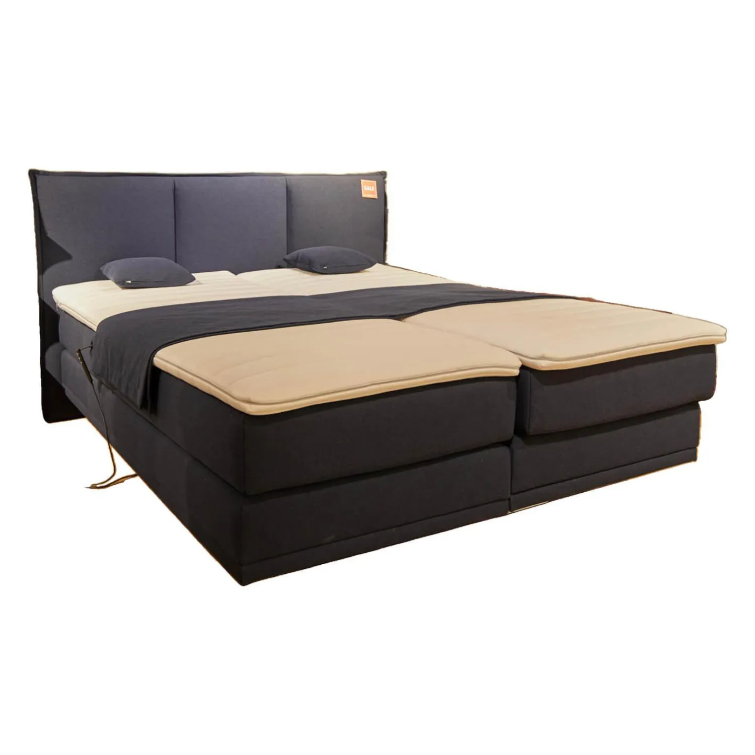 Mondo Boxspringbetten|Motor-Boxspringbett Espo Stoff Blau Fuß Matt Schwarz Matratzen H3/H4, Tagesdecke, Zierkissen,