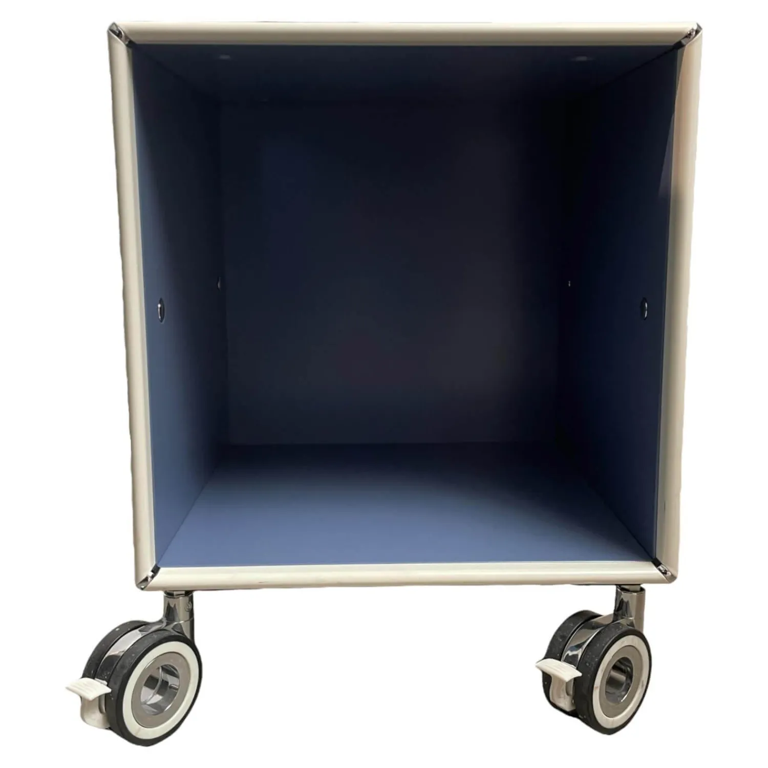 Mauser Regale & Container|Offenes Thekenelement Auf Rollen Außen RAL 9010 Reinweiß Innen RAL 5014 Taubenblau