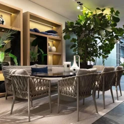 B&B Italia Essgruppen|Outdoor Gruppe Allure Tisch Steinzeug Ozeanblau Gestell Zement Grau Sitzbank Und Stuhl Erica Geflecht Und Gestell Tortora Grau