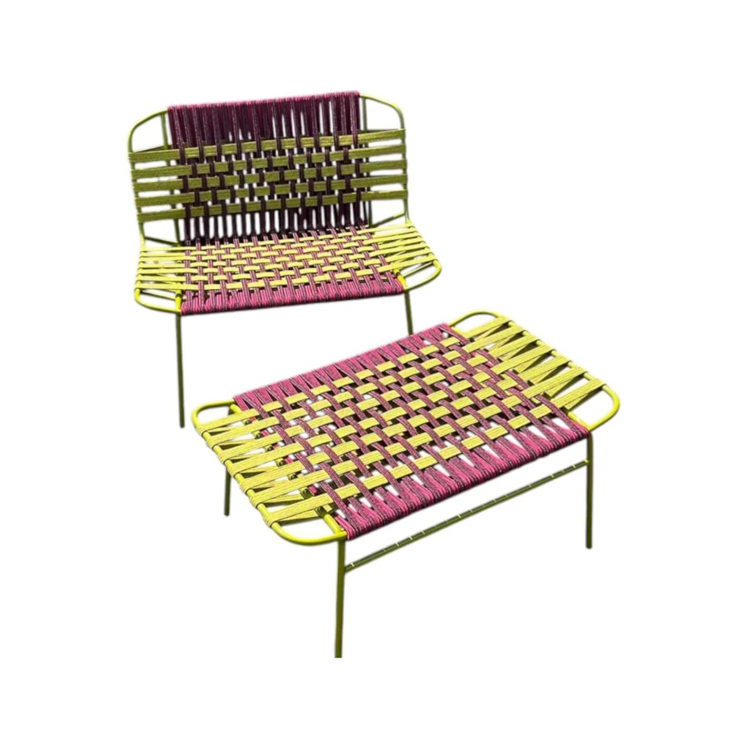 Paola Lenti Loungemöbel|Outdoor Sessel Telar Geflecht 1A Weave Bordeaux Rot Und Verde Grün Gestell Stahl Verde Grün Mit Hocker