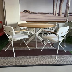 Royal Botania Essgruppen|Outdoorgruppe Tisch Traverse Platte Teakholz 4 Stühle Exes Bezug Stoff Creme Gestell Aluminium Weiß