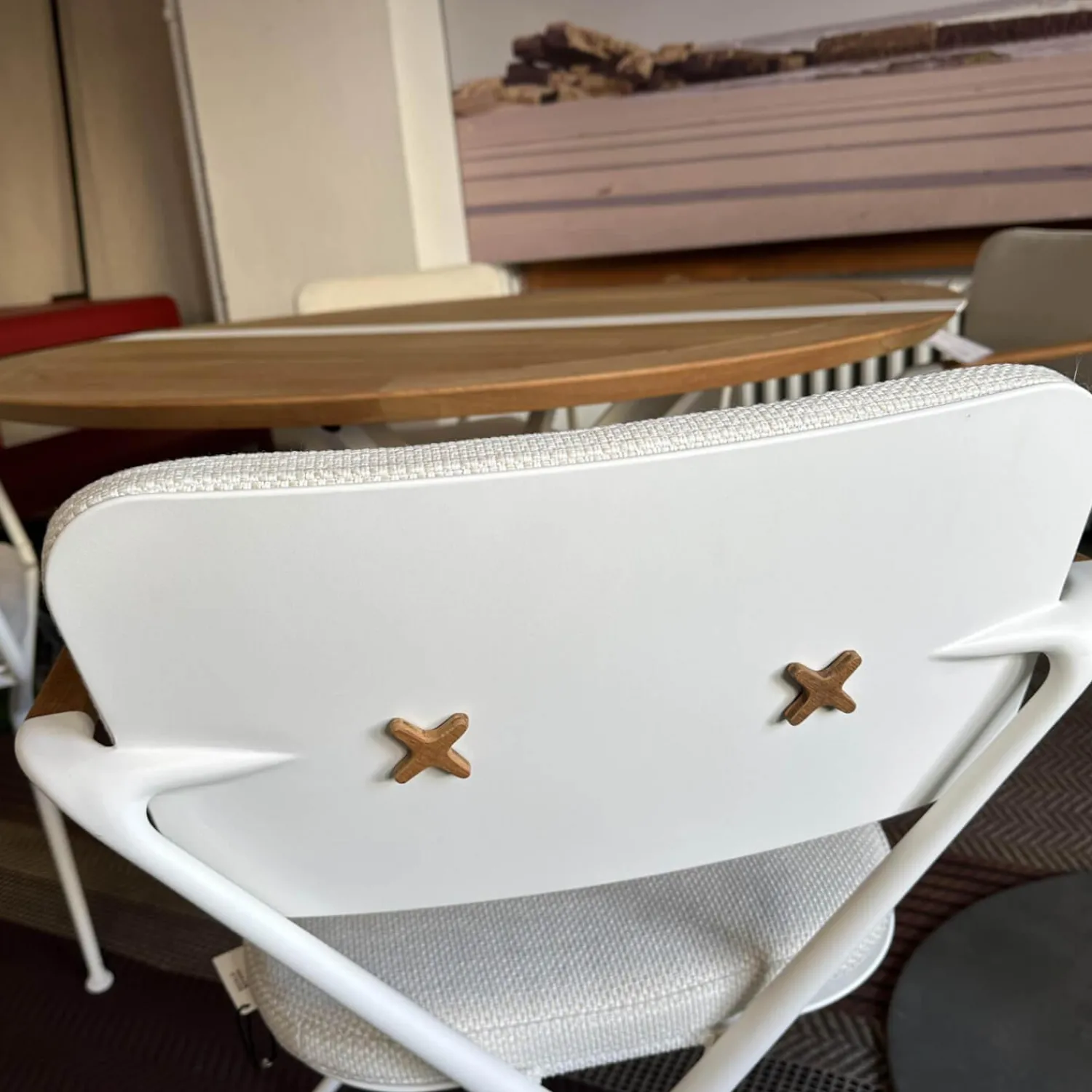 Royal Botania Essgruppen|Outdoorgruppe Tisch Traverse Platte Teakholz 4 Stühle Exes Bezug Stoff Creme Gestell Aluminium Weiß