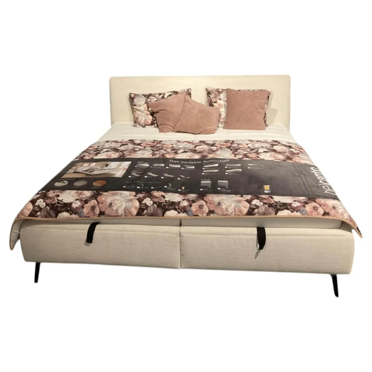 Oschmann Polsterbetten|Polsterbett Samos Bezug Feincord natur 434000 Beige Kopfteil 1997M Metallfuß Schwarz Mit Matratze Lattenrost Plaid Und Kissen