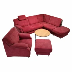 Zehdenick Polstergruppen|Polstergarnitur KS 4975 Stoff Charly Red Rot Fuß Metall Alufarbig Silber Inklusive Hocker