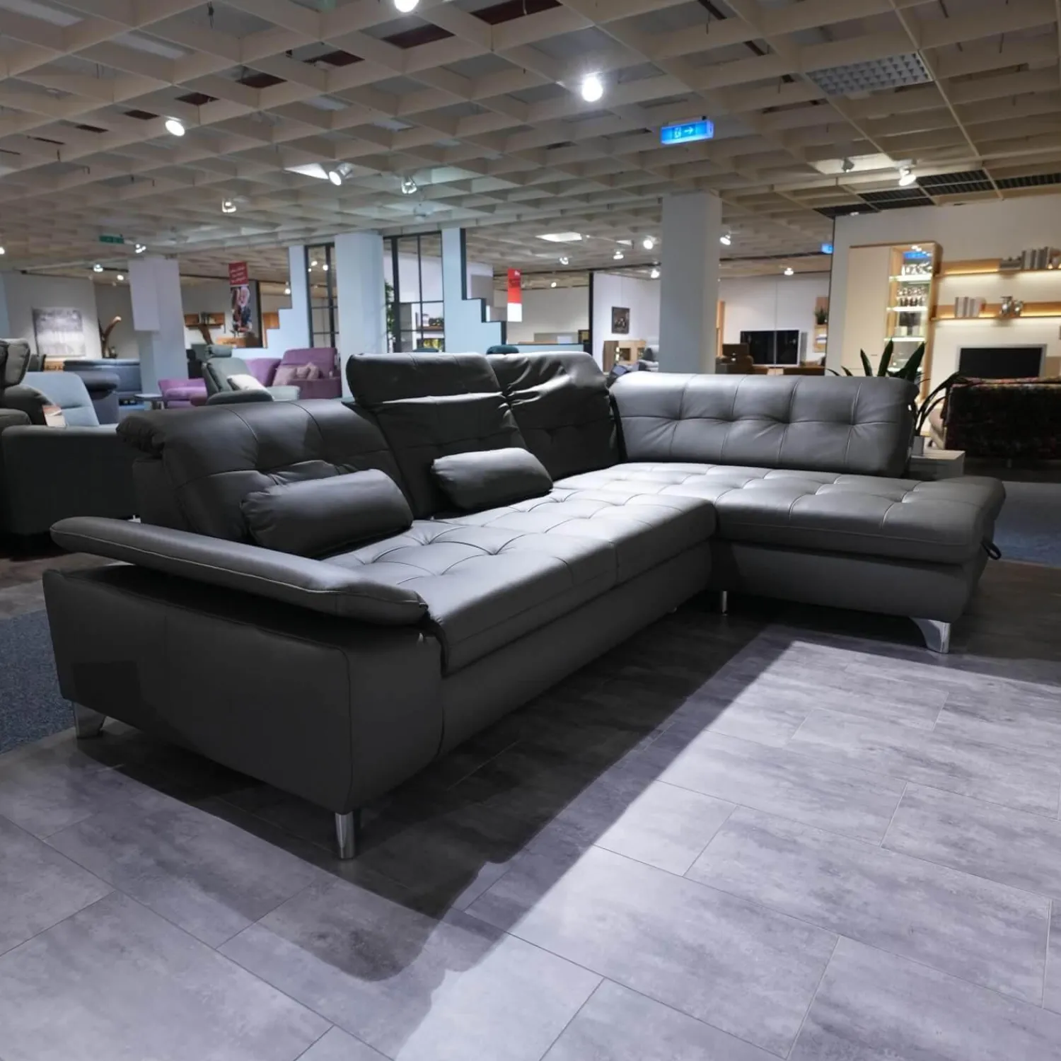 Polinova Ecksofas|Polstergarnitur MM-PN1078 Bezug Leder Torro Grau Metallfuß Glänzend