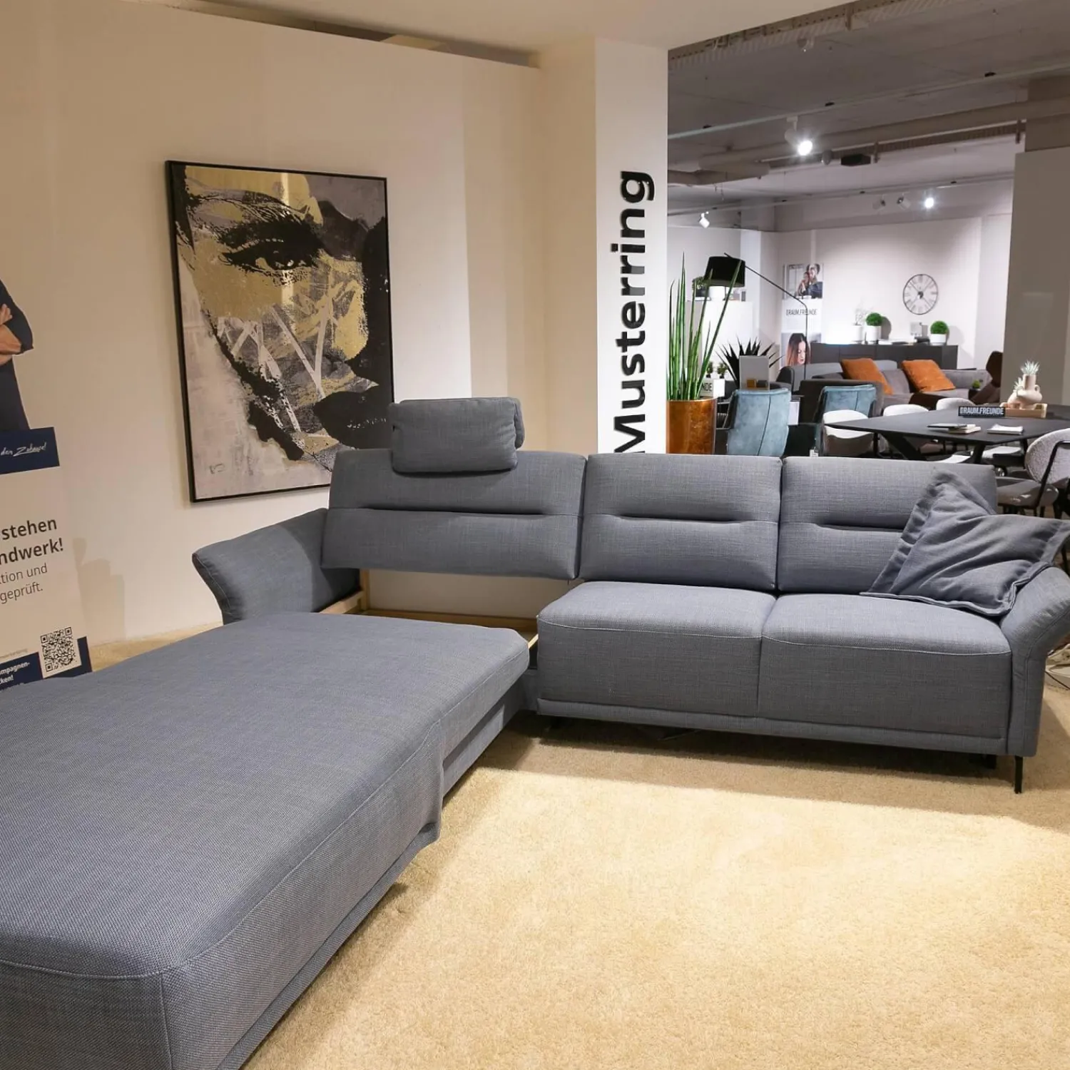 Musterring Ecksofas|Polstergarnitur MR 375 Stoff Picasso Jeans Grau Füße Metall 245 Schwarz Matt Mit Stauraumfunktion Und Kissen