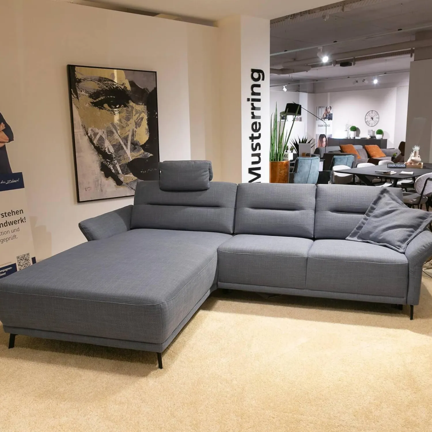 Musterring Ecksofas|Polstergarnitur MR 375 Stoff Picasso Jeans Grau Füße Metall 245 Schwarz Matt Mit Stauraumfunktion Und Kissen