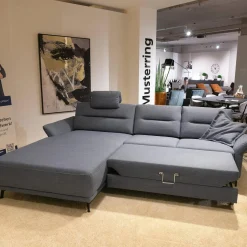 Musterring Ecksofas|Polstergarnitur MR 375 Stoff Picasso Jeans Grau Füße Metall 245 Schwarz Matt Mit Stauraumfunktion Und Kissen