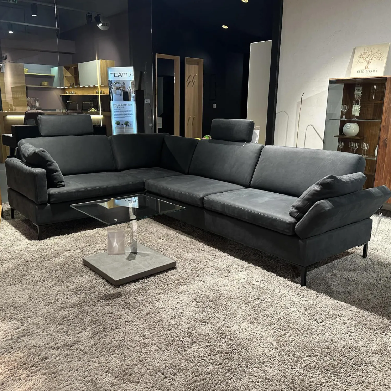 Brühl Ecksofas|Polstergruppe Alba Anilinleder Taron Grün Braun Winkelfuß Schwarz Gepulvert Inklusive Kissen