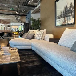 Minotti Wohnlandschaften|Polstergruppe Connery Stoff Double 02 Ghiaccio Grau Ablage Leder Aspen Schwarz Mit Kissen