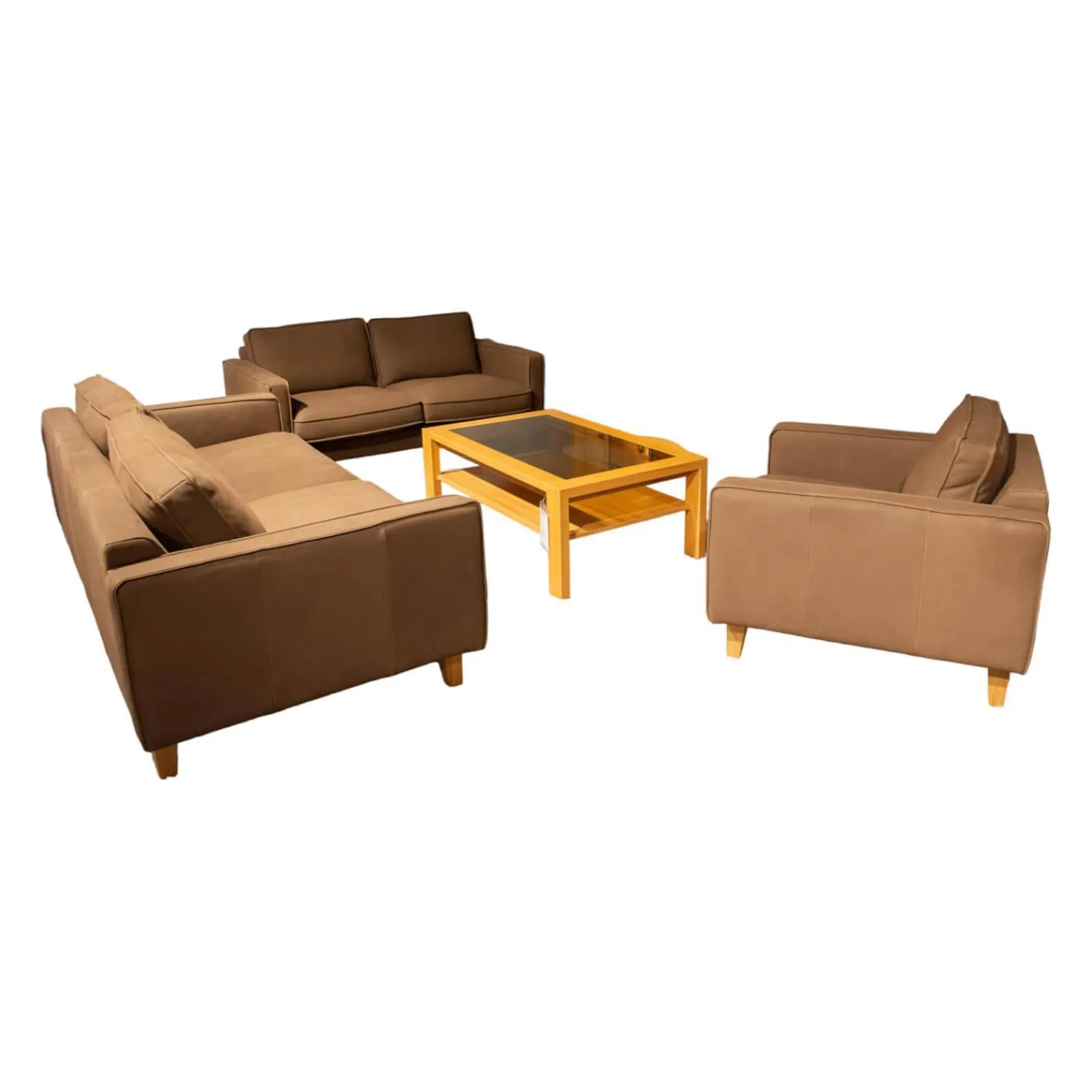 DFM Polstergruppen|Polstergruppe Elian 3er-Set Leder W11 Farbe Chocolate Füße Eiche Geölt